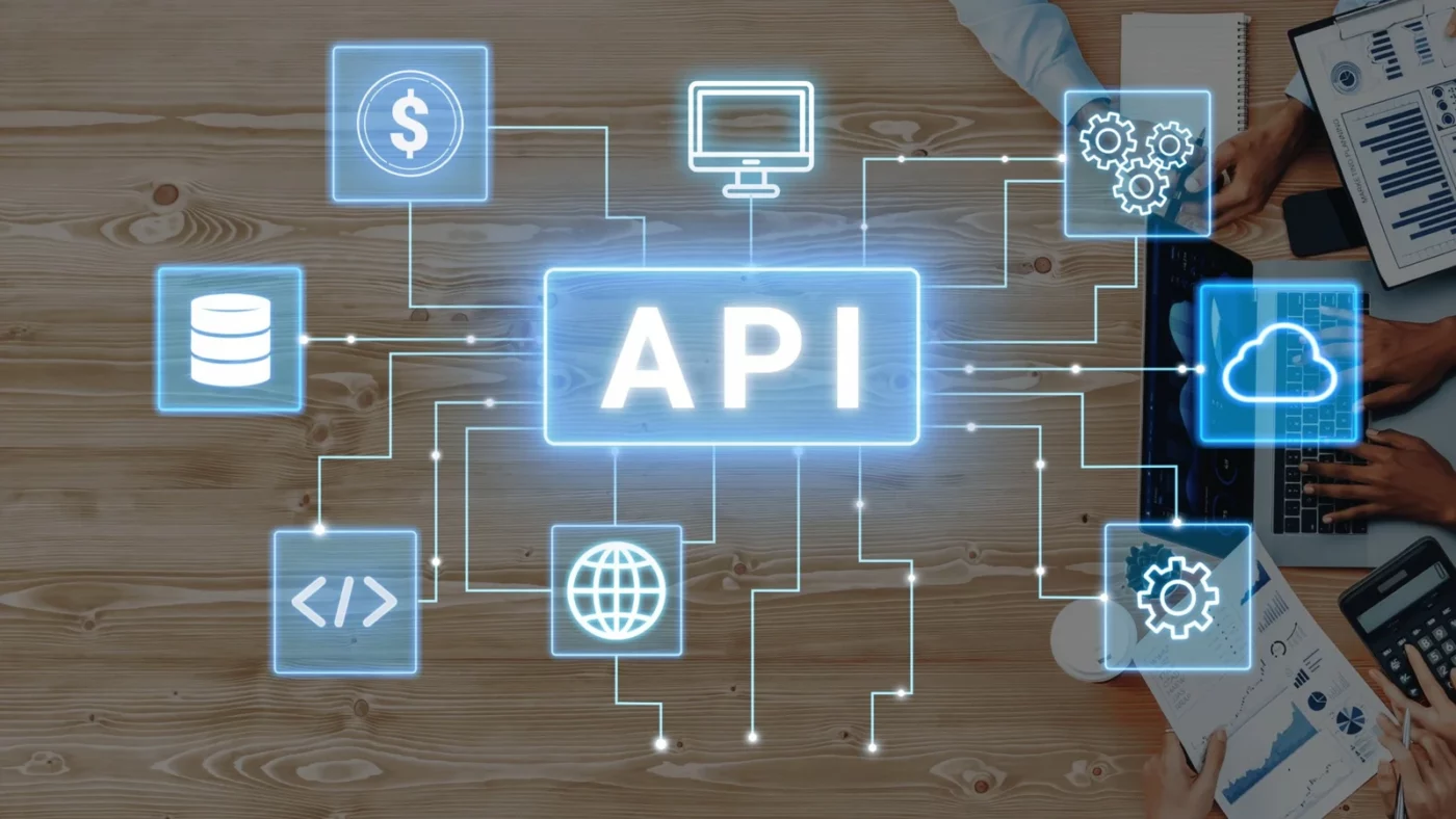 Illustration d’une intégration API reliant plusieurs applications et services numériques